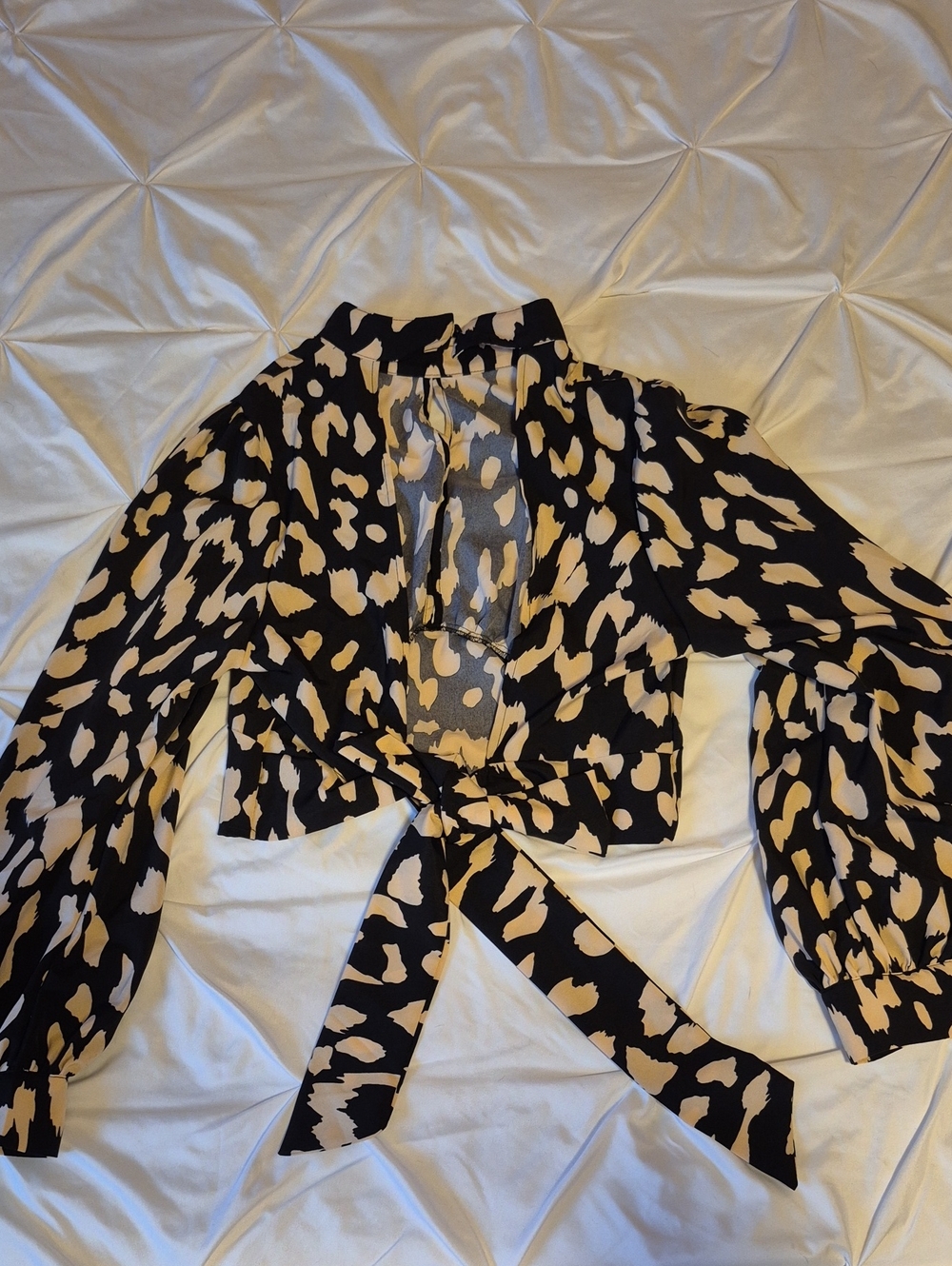 Black & Cream Crop Top Blouse Animal Print TIE OPEN BACK